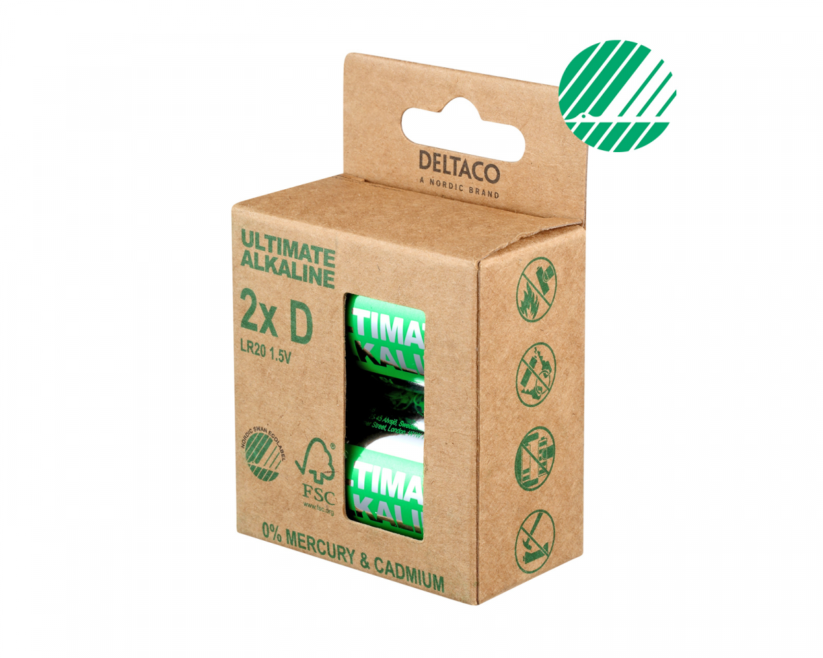 Deltaco Ultimate Alkaline D-batteri, Svanenmärkt, 2-pack