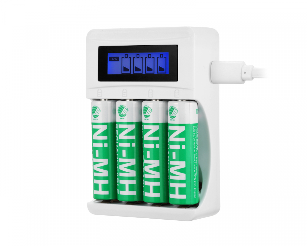 Deltaco USB Batteriladdare för 4xAA/AAA Ni-MH/Ni-Cd Batterier, inkl AA Batteri