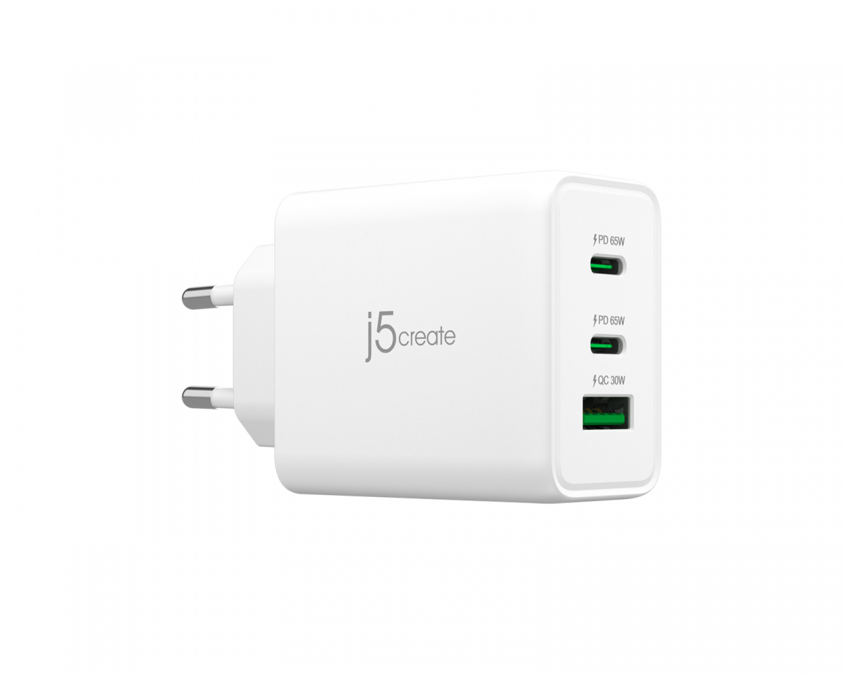j5create Wall Charger GaN, 65 W, 2x USB-C, 1x USB-A, 3-Port Charger - Väggladda