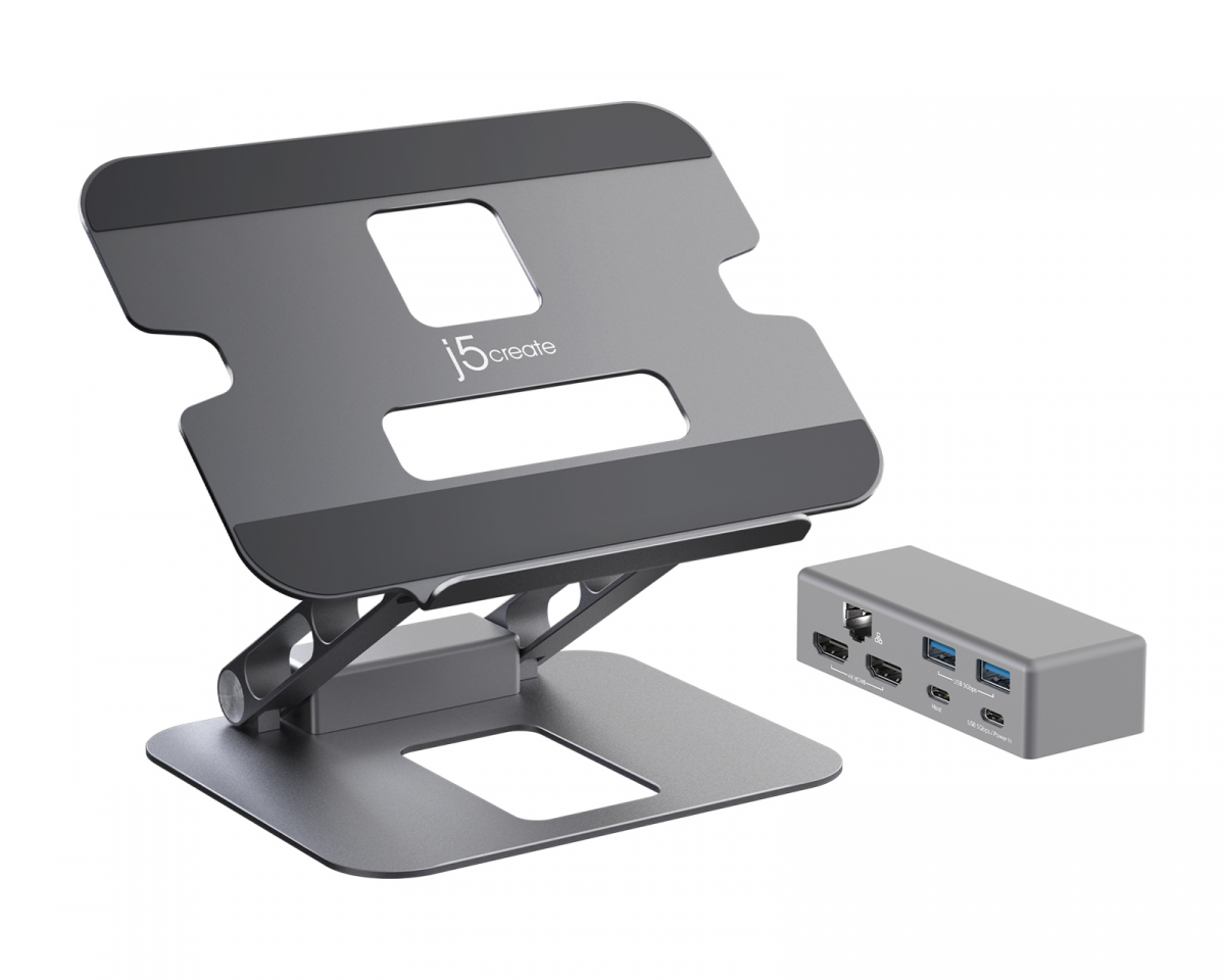 j5create Justerbart Laptopställ i Aluminium med Dual HDMI 4K USB-C Mini Docknin