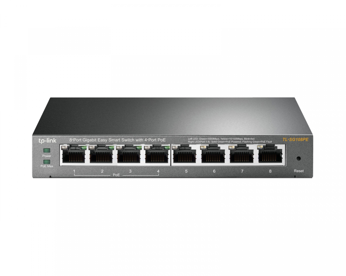 TP-Link SG108PE Metall 8-Port Gigabit Nätverksswitch med 4-Port PoE+, 10/100/1