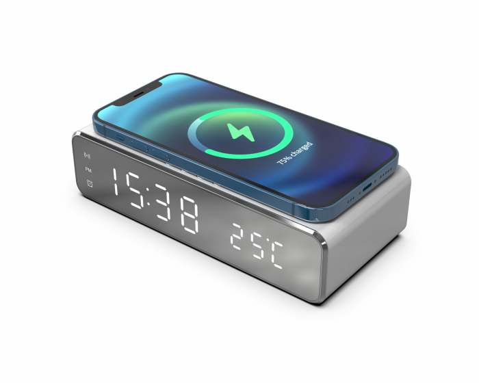 MaxMount Digital Väckarklocka med Qi-laddning Silver