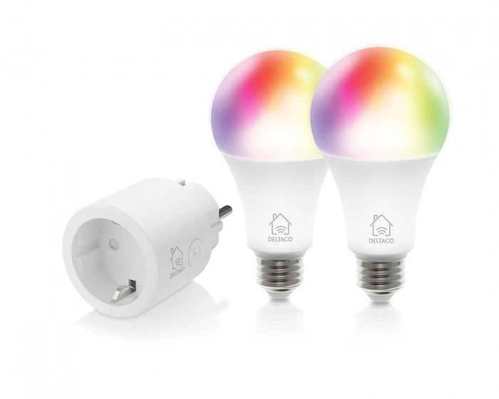 Deltaco Smart Home Starterkit, 2x RGB LED-lampa E27 + 1 Smart Plug