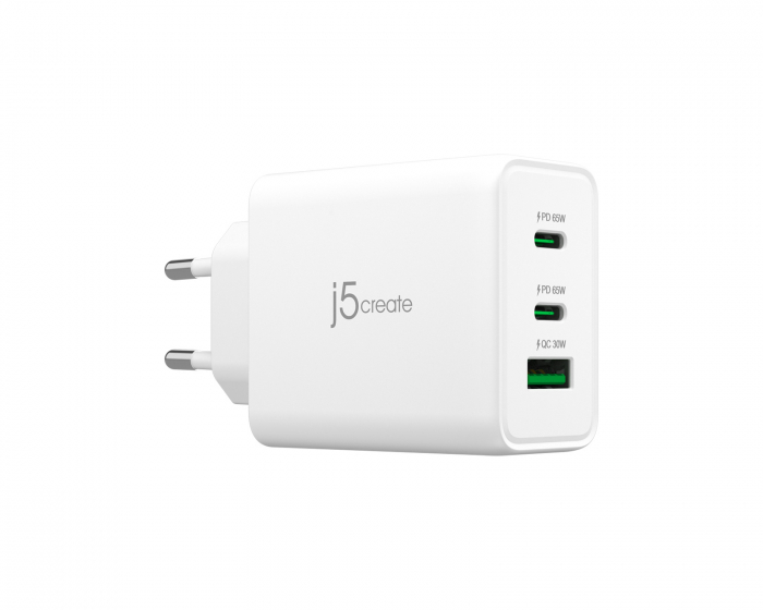 j5create Wall Charger GaN, 65 W, 2x USB-C, 1x USB-A, 3-Port Charger - Väggladdare 