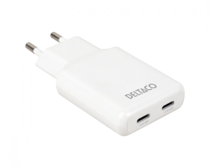 Deltaco 45W 2x USB-C Väggladdare - Slim White