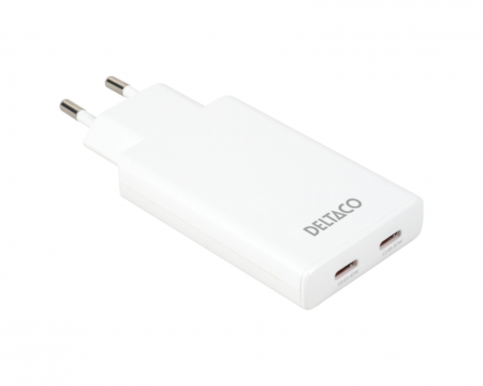 Deltaco 67W 2x USB-C Väggladdare - Slim White