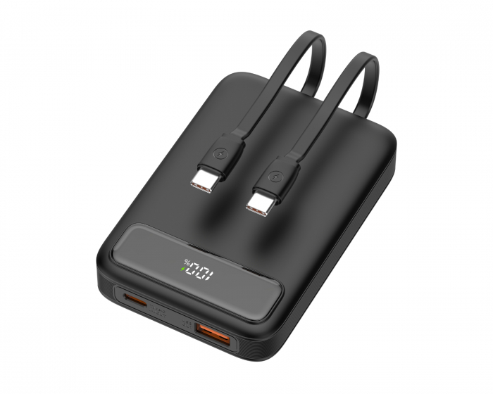 Deltaco 10 000 mAh Powerbank, dubbla USB-C-kablar - Svart