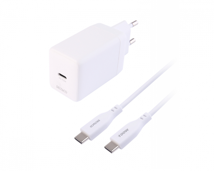 Deltaco USB-C GaN-väggladdare 70 W - 1,8 m - Vit