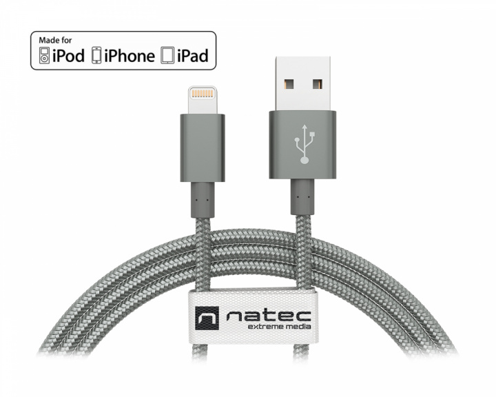 Natec Lightning Kabel MFi Nylon - Lightning till USB (1.5 m) Grå
