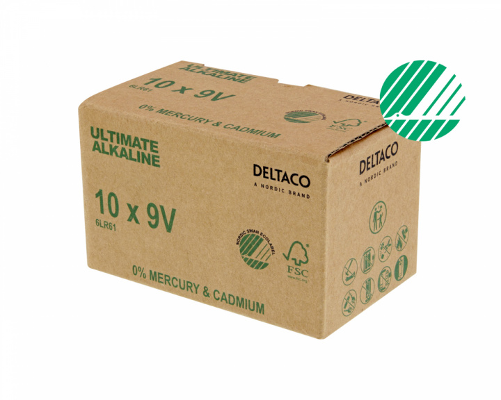 Deltaco Ultimate Alkaline 9V-batteri, Svanenmärkt, 10-pack (Bulk)