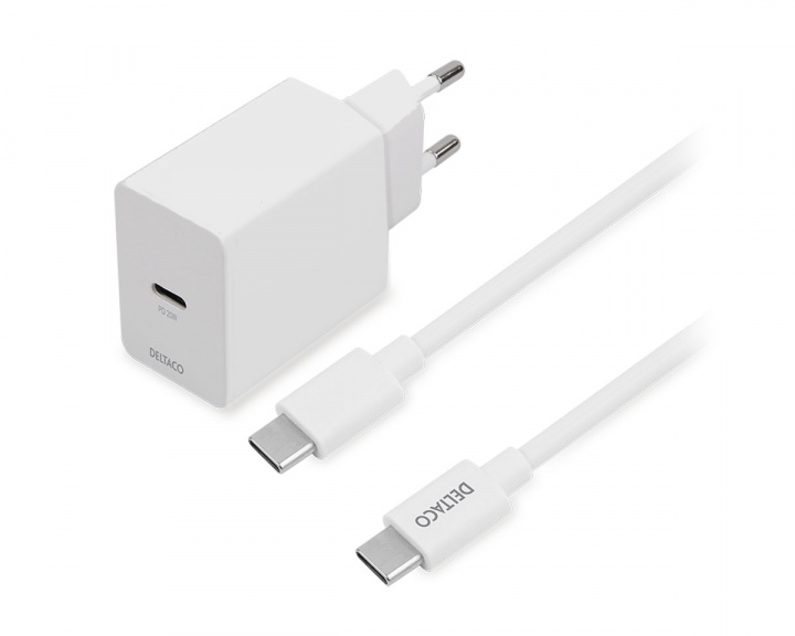 Deltaco USB-C PD Wall Charger 20 W incl USB-C Cable - Vit Väggladdare med USB-C kabel