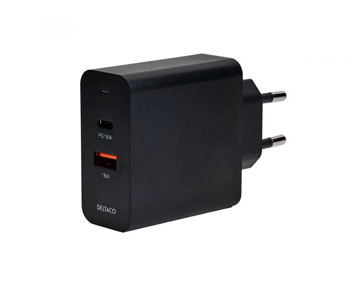 Deltaco USB Wall Charger 36 W, 1x USB-A, 1x USB-C PD - Svart Väggladdare