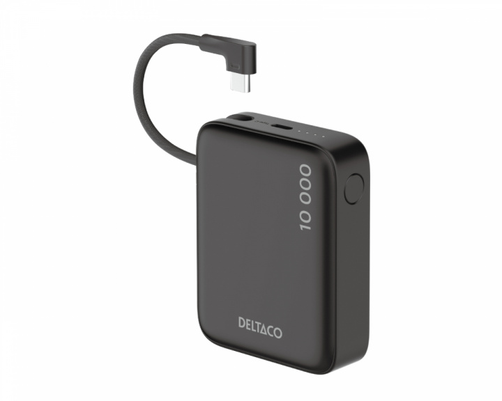 10 000 mAh Powerbank, inbyggd tygkabel - Svart